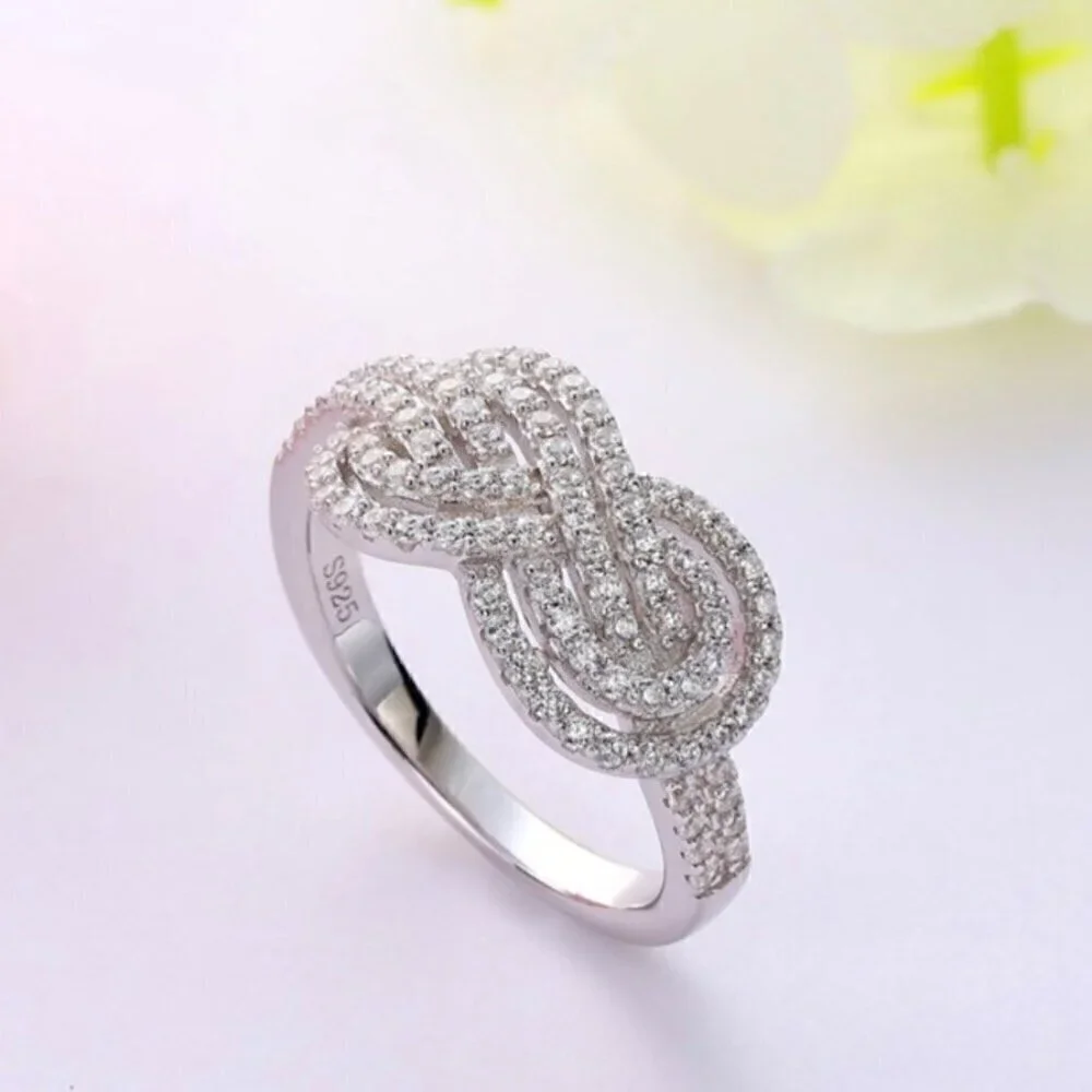 NEW 14K White Gold Plated Cubic Zirconia Pave Infinity Knot Ring Sz. 8